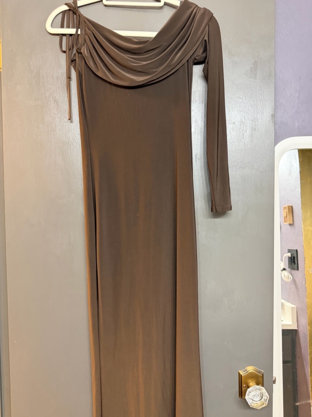 Boohoo Chocolate Brown One-Shoulder Drape Maxi Dress